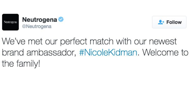 Neutrógena dando la bienvenida a Nicole Kidman a través de Twitter