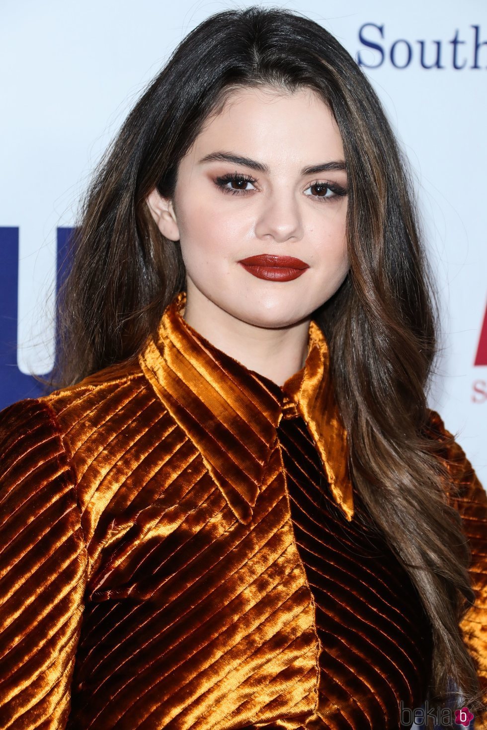 Selena Gomez con maquillaje burdeos durante la cena del Instituto Nacional de Defensa de Aclu 2019
